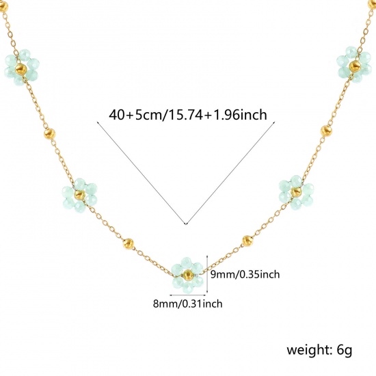 Picture of Wholesale Flower Light Green Link Cable Chain Beaded Necklace, 18K Real Gold Plated 304 Stainless Steel & Glass, Women's Eco-friendly PVD Vacuum Plating Waterproof Anti-Tarnish Hypoallergenic Stylish Sweet & Cute Gift Jewelry For Retailer 40cm(15.7") + 5cm(2") long, 1 Piece