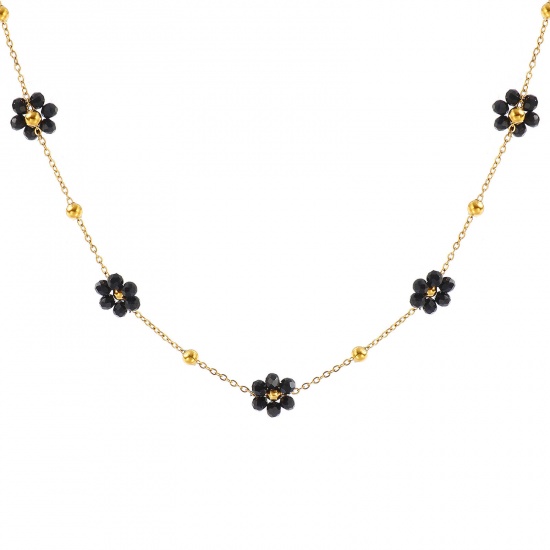 Picture of Wholesale Flower Black Link Cable Chain Beaded Necklace, 18K Real Gold Plated 304 Stainless Steel & Glass, Women's Eco-friendly PVD Vacuum Plating Waterproof Anti-Tarnish Hypoallergenic Stylish Sweet & Cute Gift Jewelry For Retailer 40cm(15.7") + 5cm(2") long, 1 Piece