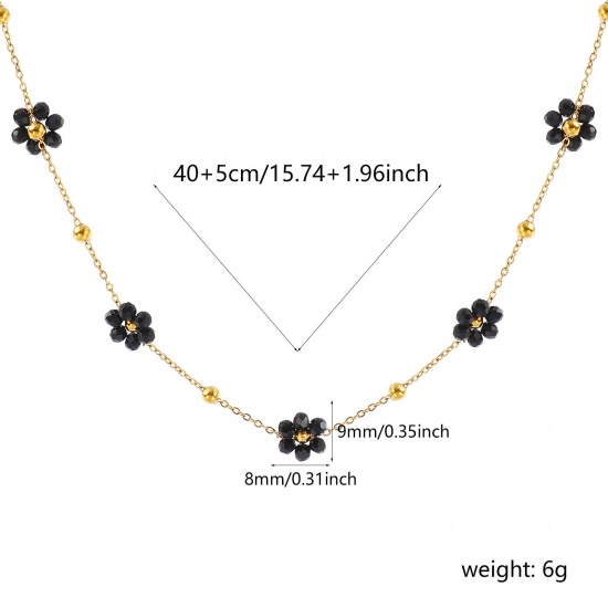 Picture of Wholesale Flower Black Link Cable Chain Beaded Necklace, 18K Real Gold Plated 304 Stainless Steel & Glass, Women's Eco-friendly PVD Vacuum Plating Waterproof Anti-Tarnish Hypoallergenic Stylish Sweet & Cute Gift Jewelry For Retailer 40cm(15.7") + 5cm(2") long, 1 Piece