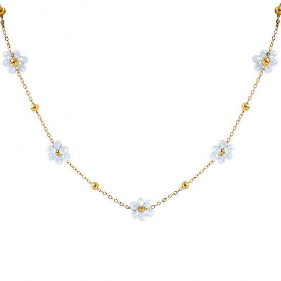 Picture of Wholesale Flower French Gray Link Cable Chain Beaded Necklace, 18K Real Gold Plated 304 Stainless Steel & Glass, Women's Eco-friendly PVD Vacuum Plating Waterproof Anti-Tarnish Hypoallergenic Stylish Sweet & Cute Gift Jewelry For Retailer 40cm(15.7") + 5cm(2") long, 1 Piece
