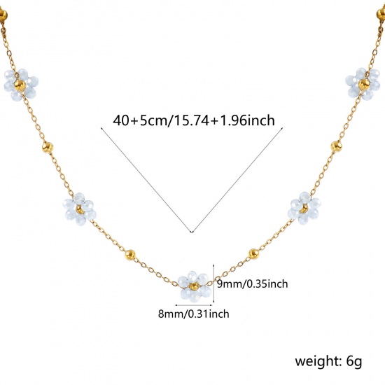 Picture of Wholesale Flower French Gray Link Cable Chain Beaded Necklace, 18K Real Gold Plated 304 Stainless Steel & Glass, Women's Eco-friendly PVD Vacuum Plating Waterproof Anti-Tarnish Hypoallergenic Stylish Sweet & Cute Gift Jewelry For Retailer 40cm(15.7") + 5cm(2") long, 1 Piece