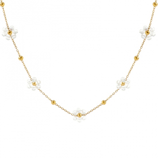 Picture of Wholesale Flower Transparent Clear Link Cable Chain Beaded Necklace, 18K Real Gold Plated 304 Stainless Steel & Glass, Women's Eco-friendly PVD Vacuum Plating Waterproof Anti-Tarnish Hypoallergenic Stylish Sweet & Cute Gift Jewelry For Retailer 40cm(15.7") + 5cm(2") long, 1 Piece