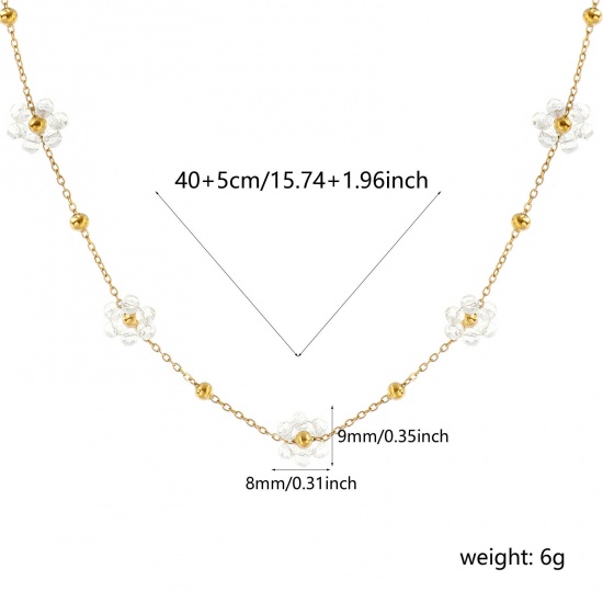 Picture of Wholesale Flower Transparent Clear Link Cable Chain Beaded Necklace, 18K Real Gold Plated 304 Stainless Steel & Glass, Women's Eco-friendly PVD Vacuum Plating Waterproof Anti-Tarnish Hypoallergenic Stylish Sweet & Cute Gift Jewelry For Retailer 40cm(15.7") + 5cm(2") long, 1 Piece