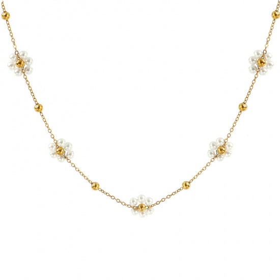 Picture of Wholesale Flower White Imitation Pearl Link Cable Chain Beaded Necklace, 18K Real Gold Plated 304 Stainless Steel & Acrylic, Women's Eco-friendly PVD Vacuum Plating Waterproof Anti-Tarnish Hypoallergenic Stylish Sweet & Cute Gift Jewelry For Retailer 40cm(15.7") + 5cm(2") long, 1 Piece