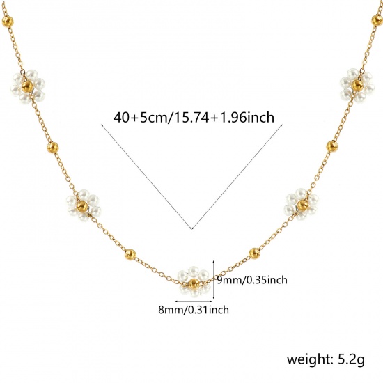 Picture of Wholesale Flower White Imitation Pearl Link Cable Chain Beaded Necklace, 18K Real Gold Plated 304 Stainless Steel & Acrylic, Women's Eco-friendly PVD Vacuum Plating Waterproof Anti-Tarnish Hypoallergenic Stylish Sweet & Cute Gift Jewelry For Retailer 40cm(15.7") + 5cm(2") long, 1 Piece
