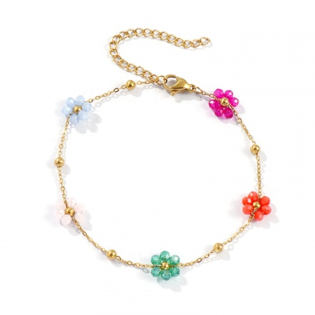 Immagine di All'Ingrosso Fiore Multicolore Catena a Cavo Braccialetti con Perline, 18K Vero Oro Placcato 304 Acciaio Inossidabile & Vetro, Donne Placcatura Sottovuoto PVD Ecologica Impermeabile Anti-Ossidante Ipoallergenico Elegante Dolce & Carino Regalo Fornitura di Gioielli 19cm Lunghezza, 1 Pz