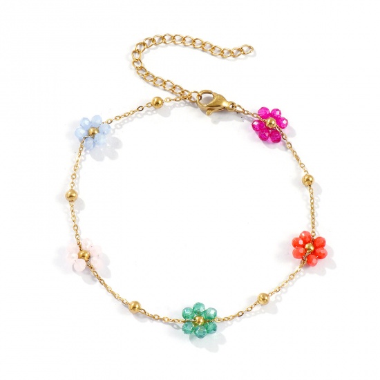 Picture of Wholesale Flower Multicolor Link Cable Chain Beaded Bracelets, 18K Real Gold Plated 304 Stainless Steel & Glass, Women's Eco-friendly PVD Vacuum Plating Waterproof Anti-Tarnish Hypoallergenic Stylish Sweet & Cute Gift Jewelry Supply 19cm(7.5") long, 1 Piece