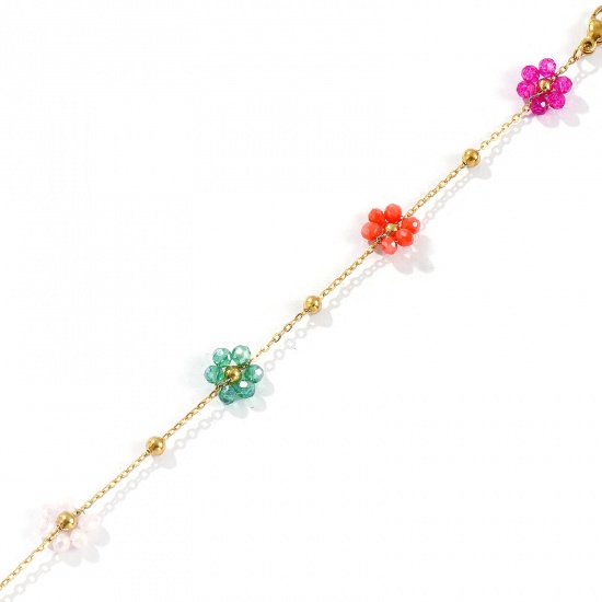 Picture of Wholesale Flower Multicolor Link Cable Chain Beaded Bracelets, 18K Real Gold Plated 304 Stainless Steel & Glass, Women's Eco-friendly PVD Vacuum Plating Waterproof Anti-Tarnish Hypoallergenic Stylish Sweet & Cute Gift Jewelry Supply 19cm(7.5") long, 1 Piece