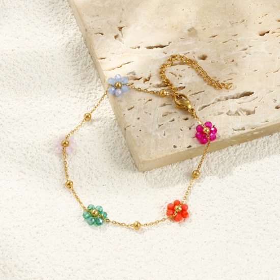 Picture of Wholesale Flower Multicolor Link Cable Chain Beaded Bracelets, 18K Real Gold Plated 304 Stainless Steel & Glass, Women's Eco-friendly PVD Vacuum Plating Waterproof Anti-Tarnish Hypoallergenic Stylish Sweet & Cute Gift Jewelry Supply 19cm(7.5") long, 1 Piece