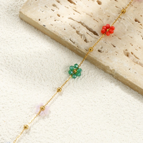 Picture of Wholesale Flower Multicolor Link Cable Chain Beaded Bracelets, 18K Real Gold Plated 304 Stainless Steel & Glass, Women's Eco-friendly PVD Vacuum Plating Waterproof Anti-Tarnish Hypoallergenic Stylish Sweet & Cute Gift Jewelry Supply 19cm(7.5") long, 1 Piece