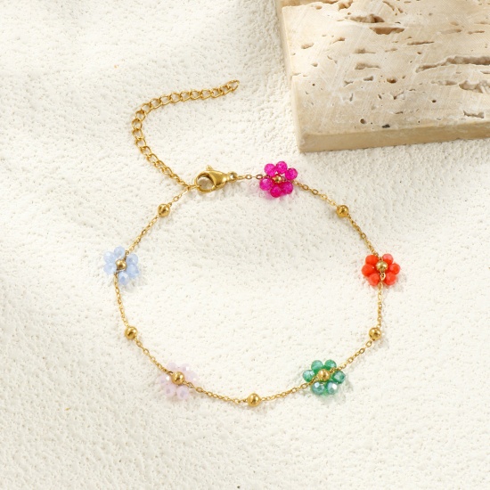 Picture of Wholesale Flower Multicolor Link Cable Chain Beaded Bracelets, 18K Real Gold Plated 304 Stainless Steel & Glass, Women's Eco-friendly PVD Vacuum Plating Waterproof Anti-Tarnish Hypoallergenic Stylish Sweet & Cute Gift Jewelry Supply 19cm(7.5") long, 1 Piece
