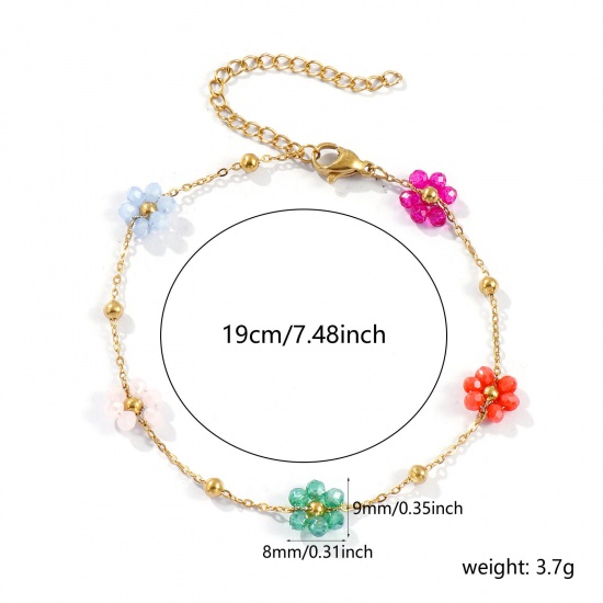 Picture of Wholesale Flower Multicolor Link Cable Chain Beaded Bracelets, 18K Real Gold Plated 304 Stainless Steel & Glass, Women's Eco-friendly PVD Vacuum Plating Waterproof Anti-Tarnish Hypoallergenic Stylish Sweet & Cute Gift Jewelry Supply 19cm(7.5") long, 1 Piece