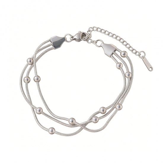 Immagine di Palla 304 Acciaio Inossidabile Catena di Serpente Bracciale Multistrato a Strati All'Ingrosso, Tono Argento Ecologico, Donne Squisito Elegante Regalo Fornitura di Gioielli, 16cm Lunghezza, 1 Pz