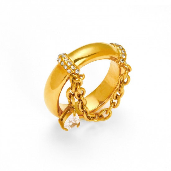 Picture of Wholesale Women's Gift Link Chain Unadjustable Rings, 18K Gold Plated 304 Stainless Steel & Cubic Zirconia, Eco-friendly PVD Vacuum Plating Exquisite Stylish Jewelry Supply, 16.5mm(US Size 6), 1 Piece