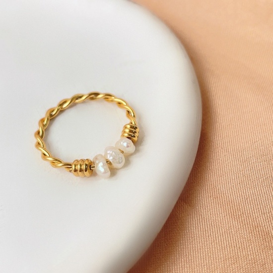 Picture of Wholesale Women's Gift White Wrapped Unadjustable Rings, 18K Gold Plated 304 Stainless Steel & Natural Pearl, Eco-friendly PVD Vacuum Plating Exquisite Stylish Jewelry Supply, 18.1mm(US Size 8), 1 Piece