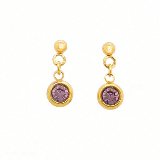 Picture of Wholesale Birthstone Stylish Ear Post Stud Earrings, February Purple 18K Gold Plated 304 Stainless Steel, Women's Eco-friendly PVD Vacuum Plating Gift Jewelry Supply, 1 Pair