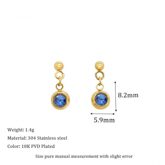 Picture of Wholesale Birthstone Stylish Ear Post Stud Earrings, March Blue 18K Gold Plated 304 Stainless Steel, Women's Eco-friendly PVD Vacuum Plating Gift Jewelry Supply, 1 Pair