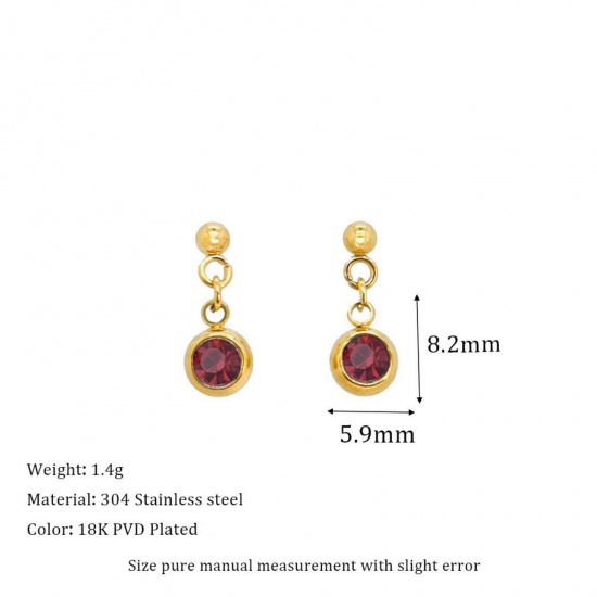 Picture of Wholesale Birthstone Stylish Ear Post Stud Earrings, January Dark Red 18K Gold Plated 304 Stainless Steel, Women's Eco-friendly PVD Vacuum Plating Gift Jewelry Supply, 1 Pair