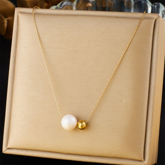 Picture of Wholesale Natural Pearl Pendant Charm Necklace, 18K Gold Plated 304 Stainless Steel Women's Eco-friendly PVD Vacuum Plating Exquisite Stylish Gift Jewelry For Retailer, 40cm(15.7") + 5cm(2") long, 1 Piece