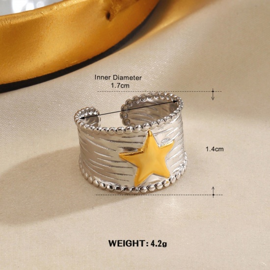 Picture of Wholesale Women's Gift Pentagram Star Two Tone Open Adjustable Rings, Silver Tone & 18K Gold Plated 304 Stainless Steel, Vacuum Plating Exquisite Retro Jewelry Supply, 17mm(US Size 6.5), 1 Piece