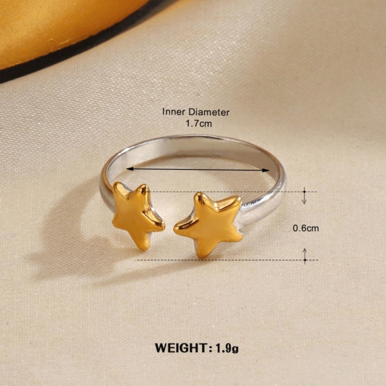 Picture of Wholesale Women's Gift Pentagram Star Two Tone Open Adjustable Rings, Silver Tone & 18K Gold Plated 304 Stainless Steel, Vacuum Plating Exquisite Retro Jewelry Supply, 17mm(US Size 6.5), 1 Piece