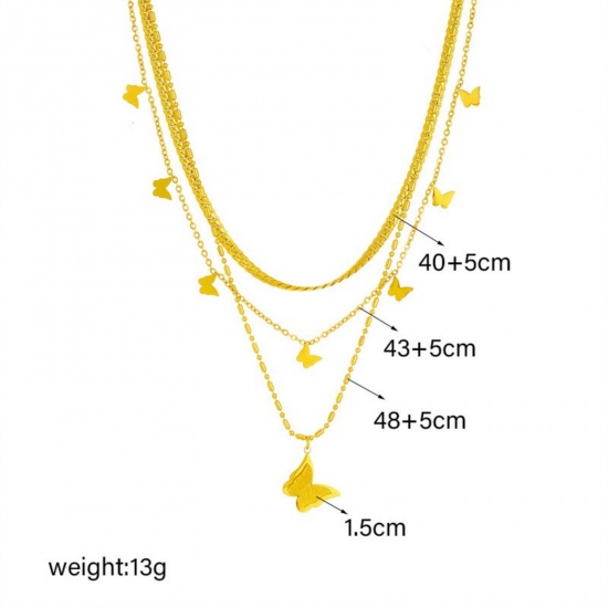 Image de Collier à Breloques En Gros Plaqué Or 18K en 304 Acier Inoxydable, Papillon Multicouche aux Femmes Revêtement sous Vide PVD Respectueux de l'Environnement Exquis À la Mode Cadeau Bijoux pour Détaillants 48cm + 5cm long, 1 Pièce