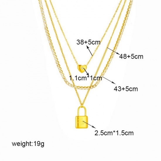Image de Collier à Breloques En Gros Plaqué Or 18K en 304 Acier Inoxydable, Serrure Multicouche aux Femmes Revêtement sous Vide PVD Respectueux de l'Environnement Exquis À la Mode Cadeau Bijoux pour Détaillants 48cm + 5cm long, 1 Pièce