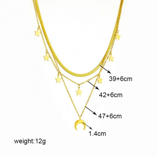 Image de Collier à Breloques En Gros Plaqué Or 18K en 304 Acier Inoxydable, Demi Lune Multicouche aux Femmes Revêtement sous Vide PVD Respectueux de l'Environnement Exquis À la Mode Cadeau Bijoux pour Détaillants 47cm + 6cm long, 1 Pièce