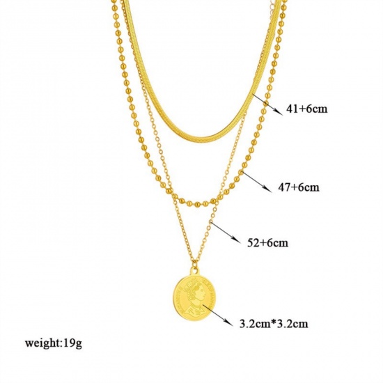 Image de Collier à Breloques En Gros Plaqué Or 18K en 304 Acier Inoxydable, Reine Multicouche aux Femmes Revêtement sous Vide PVD Respectueux de l'Environnement Exquis À la Mode Cadeau Bijoux pour Détaillants 52cm + 6cm long, 1 Pièce