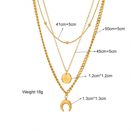 Image de Collier à Breloques En Gros Plaqué Or 18K en 304 Acier Inoxydable, Demi Lune Multicouche aux Femmes Revêtement sous Vide PVD Respectueux de l'Environnement Exquis À la Mode Cadeau Bijoux pour Détaillants 50cm + 5cm long, 1 Pièce