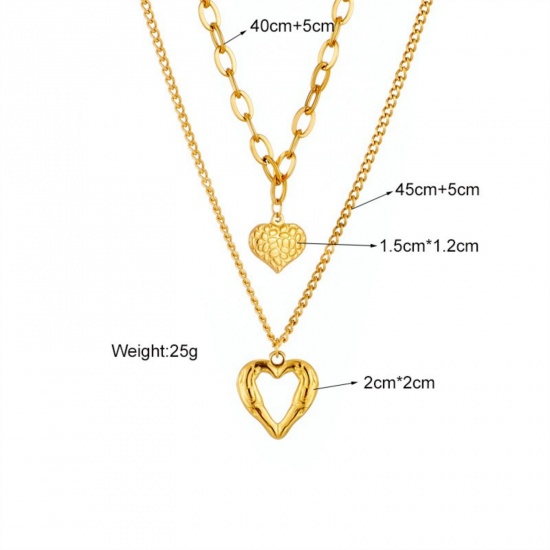 Image de Collier à Breloques En Gros Plaqué Or 18K en 304 Acier Inoxydable, Cœur Multicouche aux Femmes Revêtement sous Vide PVD Respectueux de l'Environnement La Saint Valentin À la Mode Cadeau Bijoux pour Détaillants 45cm + 5cm long, 1 Pièce