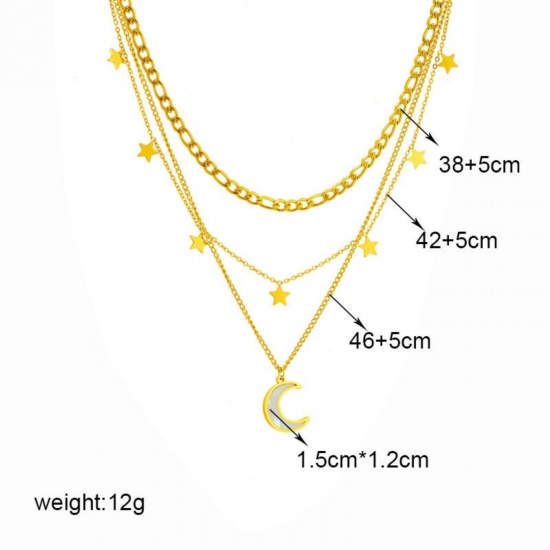 Image de Collier à Breloques En Gros Plaqué Or 18K en 304 Acier Inoxydable, Demi Lune Multicouche aux Femmes Revêtement sous Vide PVD Respectueux de l'Environnement Exquis À la Mode Cadeau Bijoux pour Détaillants 46cm + 5cm long, 1 Pièce