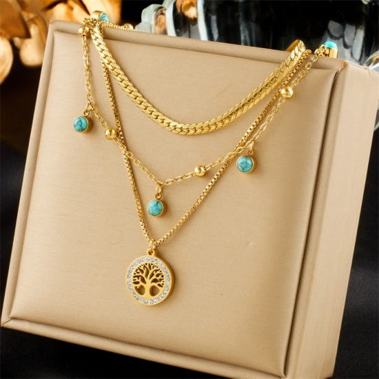 Image de Collier à Breloques En Gros Plaqué Or 18K en 304 Acier Inoxydable, Arbre de Vie Multicouche aux Femmes Revêtement sous Vide PVD Respectueux de l'Environnement Exquis À la Mode Cadeau Bijoux pour Détaillants 40cm + 6cm long, 1 Pièce