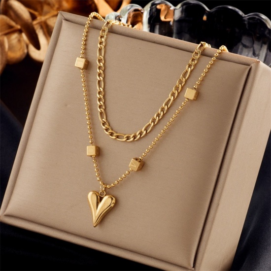 Image de Collier à Breloques En Gros Plaqué Or 18K en 304 Acier Inoxydable, Cœur Multicouche aux Femmes Revêtement sous Vide PVD Respectueux de l'Environnement La Saint Valentin À la Mode Cadeau Bijoux pour Détaillants 40cm + 6cm long, 1 Pièce