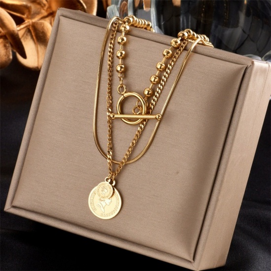Image de Collier à Breloques En Gros Plaqué Or 18K en 304 Acier Inoxydable, Reine Multicouche aux Femmes Revêtement sous Vide PVD Respectueux de l'Environnement Exquis À la Mode Cadeau Bijoux pour Détaillants 40cm + 6cm long, 1 Pièce