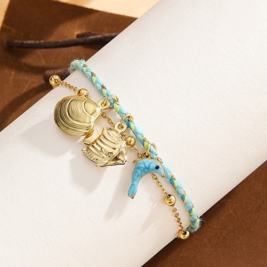 Picture of Wholesale Shell 304 Stainless Steel Multilayer Layered Bracelet, 14K Gold Plated Eco-friendly PVD Vacuum Plating, Women's Ocean Jewelry Stylish Gift Jewelry Supply, 16cm(6.3") long, 1 Piece