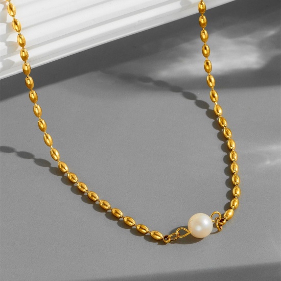 Picture of Wholesale Imitation Pearl Ball Chain Pendant Charm Necklace, 18K Gold Plated 304 Stainless Steel, Women's Eco-friendly PVD Vacuum Plating Exquisite Stylish Gift Jewelry For Retailer, 40cm(15.7") + 5cm(2") long, 1 Piece
