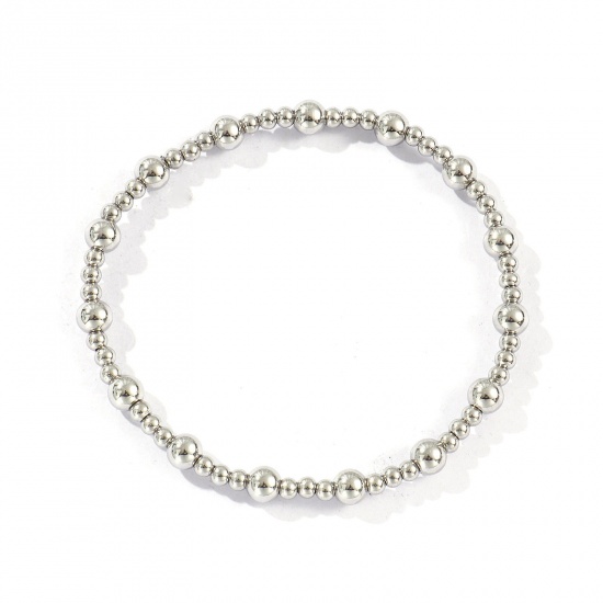 Picture of Wholesale Elastic 3mm+5mm 304 Stainless Steel Beaded Bubble Bracelets, Silver Tone Eco-friendly, Unisex Simple Dainty Gift Jewelry Supply, 17.5cm(6 7/8") long, 1 Piece