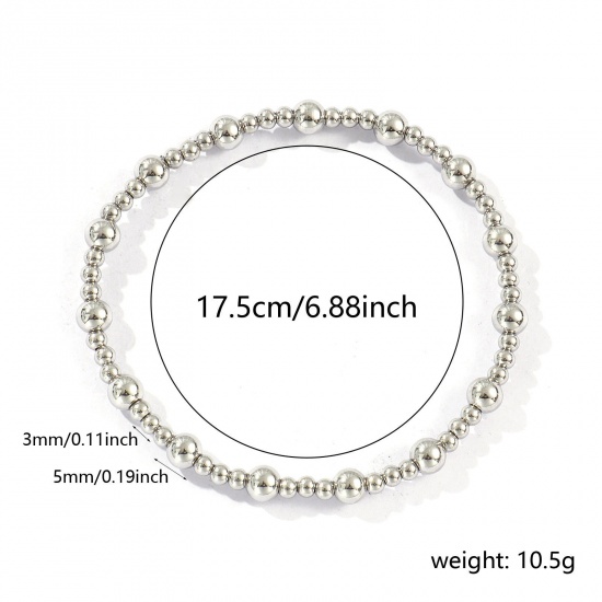 Picture of Wholesale Elastic 3mm+5mm 304 Stainless Steel Beaded Bubble Bracelets, Silver Tone Eco-friendly, Unisex Simple Dainty Gift Jewelry Supply, 17.5cm(6 7/8") long, 1 Piece