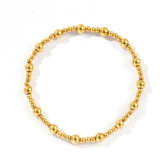 Picture of Wholesale Elastic 3mm+5mm 304 Stainless Steel Beaded Bubble Bracelets, 18K Gold Plated Eco-friendly PVD Vacuum Plating, Unisex Simple Dainty Gift Jewelry Supply, 17.5cm(6 7/8") long, 1 Piece
