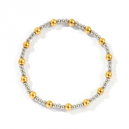 Picture of Wholesale Elastic 3mm+5mm 304 Stainless Steel Beaded Bubble Bracelets, Silver Tone & 18K Gold Plated Eco-friendly PVD Vacuum Plating, Unisex Simple Dainty Gift Jewelry Supply, 17.5cm(6 7/8") long, 1 Piece