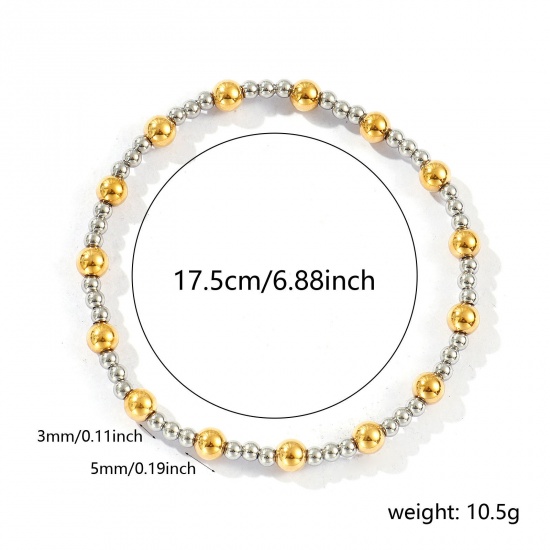 Picture of Wholesale Elastic 3mm+5mm 304 Stainless Steel Beaded Bubble Bracelets, Silver Tone & 18K Gold Plated Eco-friendly PVD Vacuum Plating, Unisex Simple Dainty Gift Jewelry Supply, 17.5cm(6 7/8") long, 1 Piece