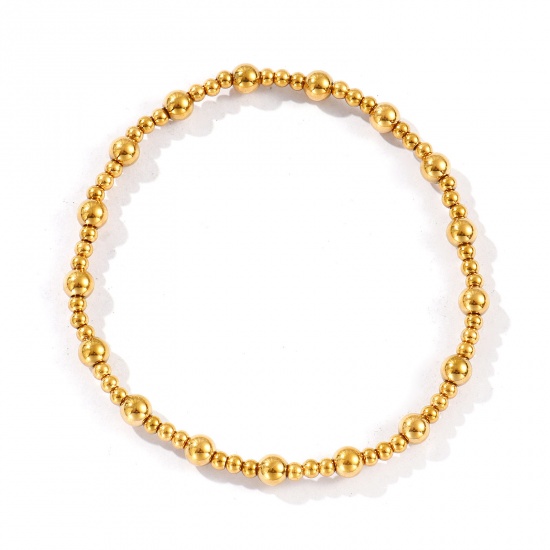 Picture of Wholesale Elastic 3mm+5mm 304 Stainless Steel Beaded Bubble Bracelets, 18K Gold Plated Eco-friendly PVD Vacuum Plating, Unisex Simple Dainty Gift Jewelry Supply, 20cm(7.9") long, 1 Piece