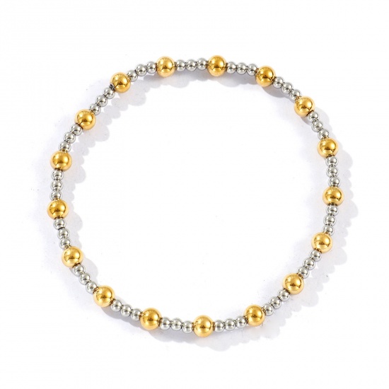 Picture of Wholesale Elastic 3mm+5mm 304 Stainless Steel Beaded Bubble Bracelets, Silver Tone & 18K Gold Plated Eco-friendly PVD Vacuum Plating, Unisex Simple Dainty Gift Jewelry Supply, 20cm(7.9") long, 1 Piece