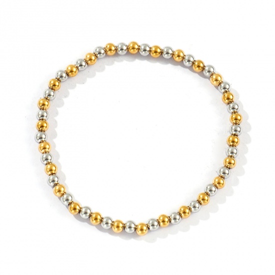 Bild von Großhandel Elastisch 4mm 304 Edelstahl Armbänder mit Blasenperlen, Silberfarben & 18K Vergoldet Umweltfreundliche PVD-Vakuumbeschichtung, Unisex Einfach Elegant Geschenk Schmuckbedarf 18cm lang, 1 Strang