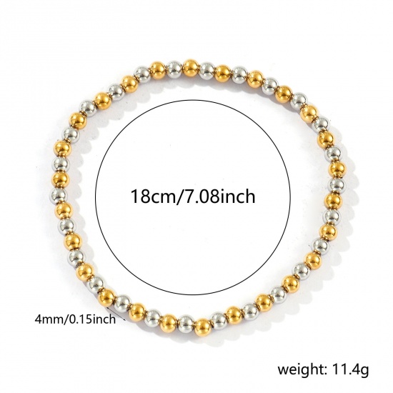 Bild von Großhandel Elastisch 4mm 304 Edelstahl Armbänder mit Blasenperlen, Silberfarben & 18K Vergoldet Umweltfreundliche PVD-Vakuumbeschichtung, Unisex Einfach Elegant Geschenk Schmuckbedarf 18cm lang, 1 Strang