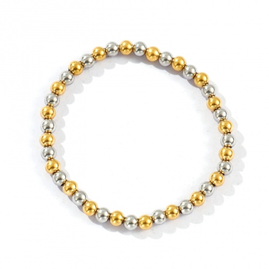 Bild von Großhandel Elastisch 5mm 304 Edelstahl Armbänder mit Blasenperlen, Silberfarben & 18K Vergoldet Umweltfreundliche PVD-Vakuumbeschichtung, Unisex Einfach Elegant Geschenk Schmuckbedarf 18cm lang, 1 Strang