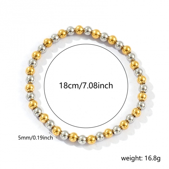 Bild von Großhandel Elastisch 5mm 304 Edelstahl Armbänder mit Blasenperlen, Silberfarben & 18K Vergoldet Umweltfreundliche PVD-Vakuumbeschichtung, Unisex Einfach Elegant Geschenk Schmuckbedarf 18cm lang, 1 Strang