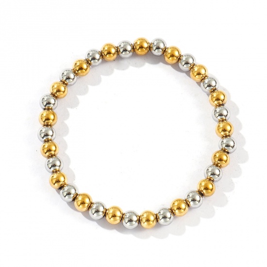 Bild von Großhandel Elastisch 6mm 304 Edelstahl Armbänder mit Blasenperlen, Silberfarben & 18K Vergoldet Umweltfreundliche PVD-Vakuumbeschichtung, Unisex Einfach Elegant Geschenk Schmuckbedarf 19cm lang, 1 Strang
