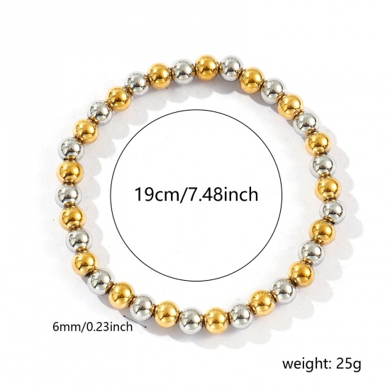 Bild von Großhandel Elastisch 6mm 304 Edelstahl Armbänder mit Blasenperlen, Silberfarben & 18K Vergoldet Umweltfreundliche PVD-Vakuumbeschichtung, Unisex Einfach Elegant Geschenk Schmuckbedarf 19cm lang, 1 Strang